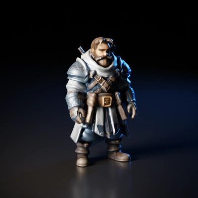 Armored bearded warrior with accessories, game character.
