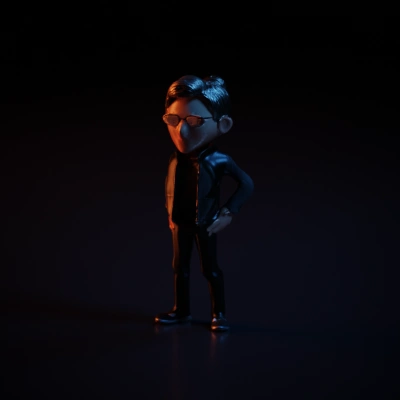 Human-like character with glasses, modern outfit.