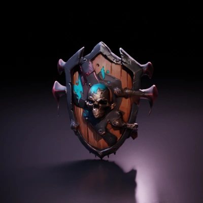 Wooden shield with metallic skull embellishment.