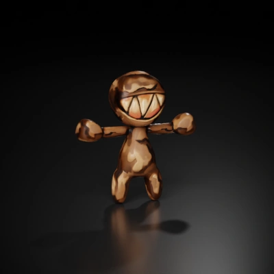 Stuffed voodoo doll with long arms, toothy grin.