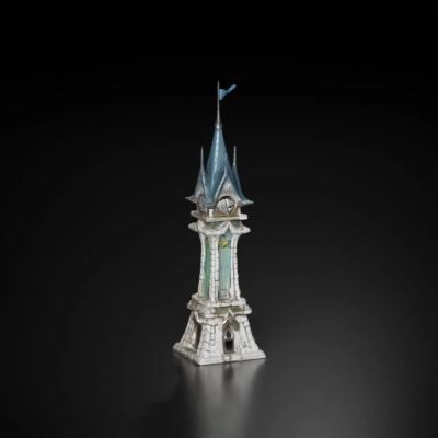Magical gothic clocktower with a pointed roof and spire.