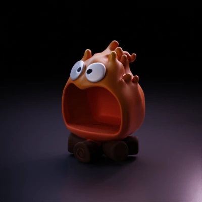 Stylized cartoon fire character with wide-open mouth.