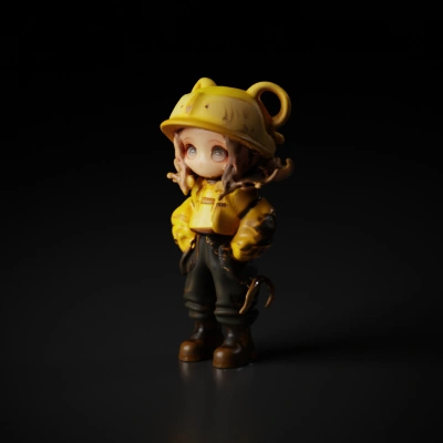Child-like character in animal-themed hoodie, character, complex geometry, smooth edges.