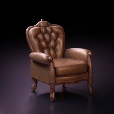 Tufted leather armchair with ornamental wood carvings.