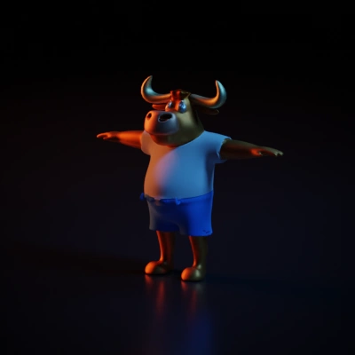Cartoon bull with anthropomorphic features, white shirt, blue shorts. t -pose