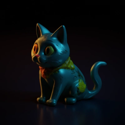 Cartoon cat with flower decorations, one fluffy tail in the middle back, cute cat nose, sitting pose.
