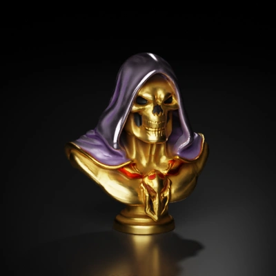 Skeletal figure with hooded cloak and skull staff, bust.