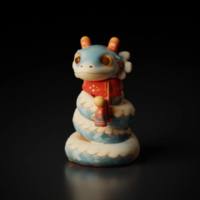 Coiled toy snake adorned with festive decorations.