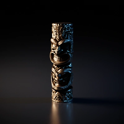 Totem pole with intricate faces and patterns.