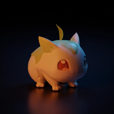 Chibi-styled cat with leaf on head.