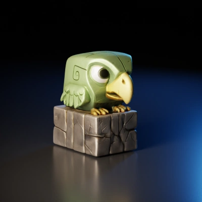 Cartoon parrot perched on a stone block, stylized design.