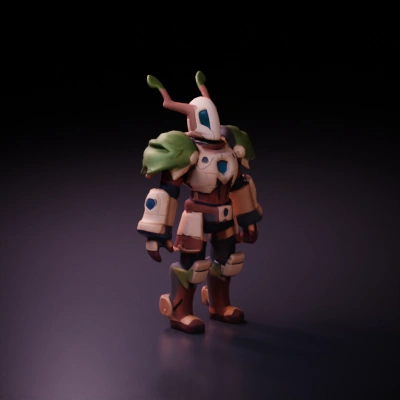 Tree-themed robotic character, nature-inspired design.