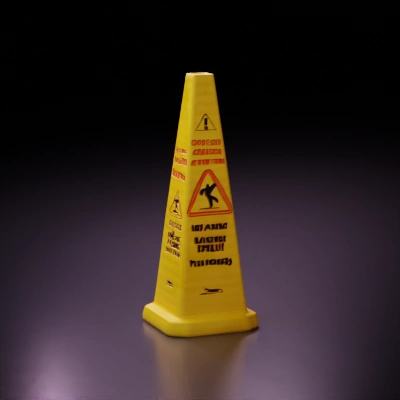 Traffic warning cone with caution signs.