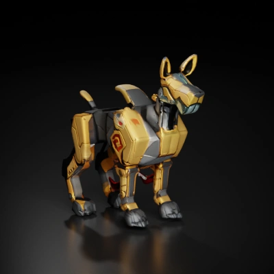 Robot dog with armor, canine features, sci-fi design.