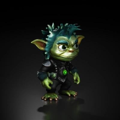Goblin-like character with futuristic tribal armor.