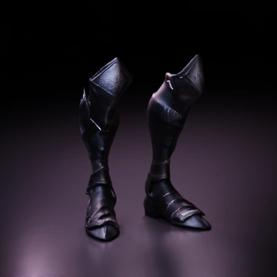 Dark Fantasy Armored boots with detailed plating, black armor, Intricate, detailed