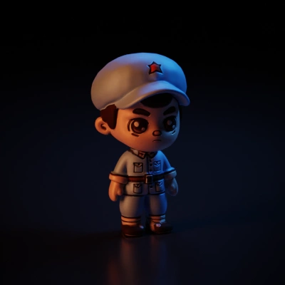 Soldier character in uniform, cartoon style, serious expression.