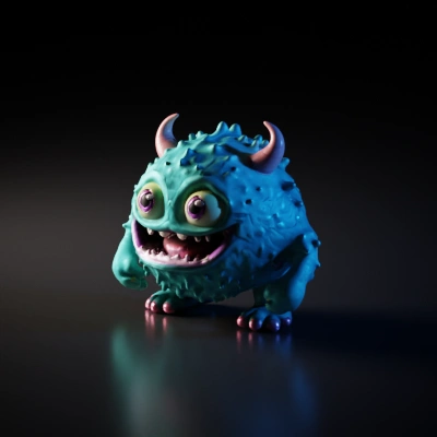 Cute fluffy monster with big eyes, happy expression. four fingers, tongue spread, four toes! round eyeballs