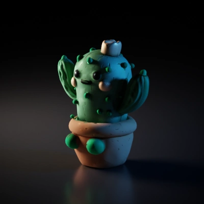Cute clay cactus character in flowerpot, cartoonish style.