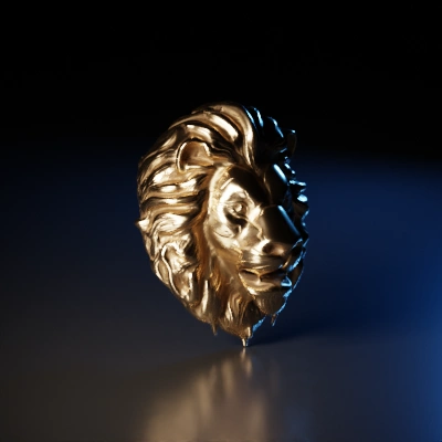 a metal sculpture of a lion's head, highly detailed.