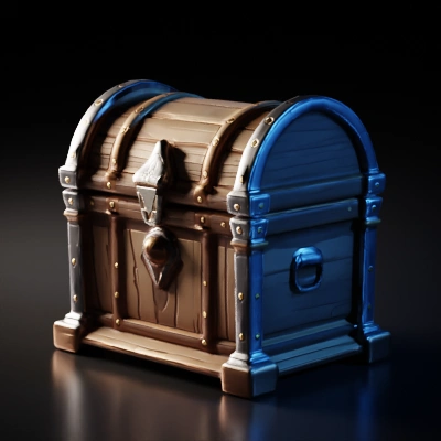 Wooden treasure chest with metal reinforcements.
