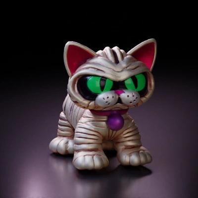 Mummified cat character in cartoon style.