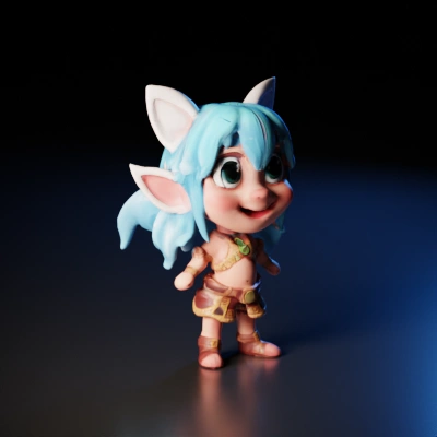 Cartoonish fantasy character, large eyes, elf-like ears.