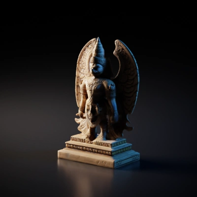 Mythical winged humanoid statue, highly detailed carvings.