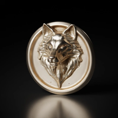 Wolf head emblem, intricate design, circular base.