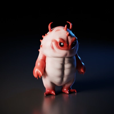 Cartoonish demon-like creature with horns and claws. black eye