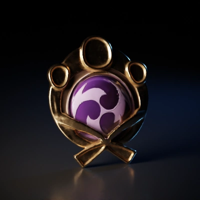 metallic, glass, Medallion with a swirled emblem in the center, three smaller orbs.
