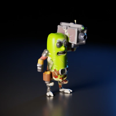 Pickle character with mechanical arm and gadget.