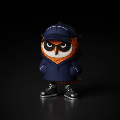 owl wearing a hoodie and cap.