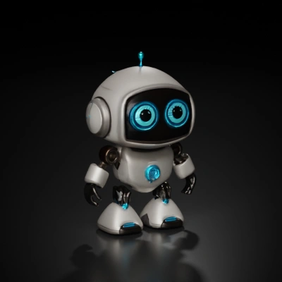 Small futuristic robot with glowing eyes.