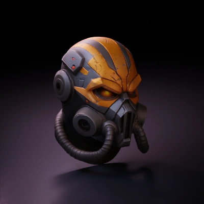Futuristic armored humanoid helmet.
