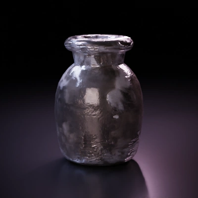 Transparent glass jar with wide lip.