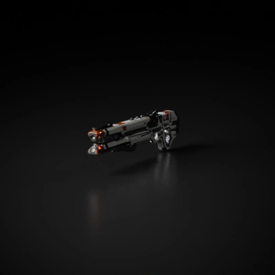 Futuristic rifle with detailed mechanical parts.