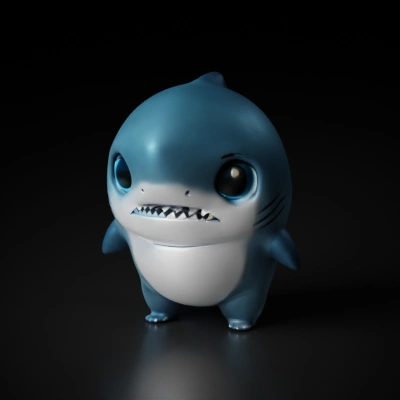 Imagine a gigantic, cute shark with an endearing appearance. Its large, expressive eyes give it a lovable look, but it also has sharp, menacing teeth that contrast its otherwise adorable features. The shark's smooth, blue-gray skin glistens in the light, and its round, chubby body makes it look more like a cartoonish character than a real predator. Despite its intimidating teeth, the shark maintains a playful, almost friendly demeanor, as if it's trying to balance being both terrifying and sweet at the same time.