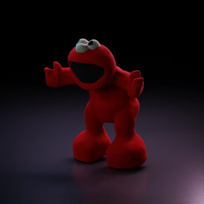 Furry red muppet character with open arms.