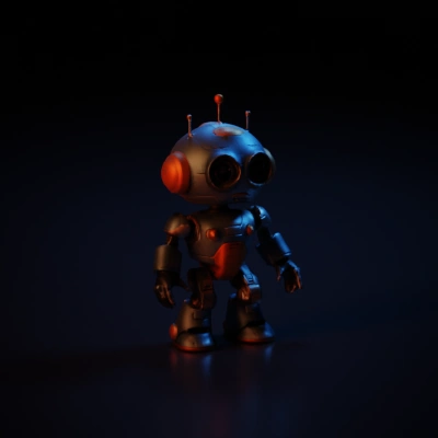 Retro-styled robot with large head, cartoonish appearance, antennas, round eyes.