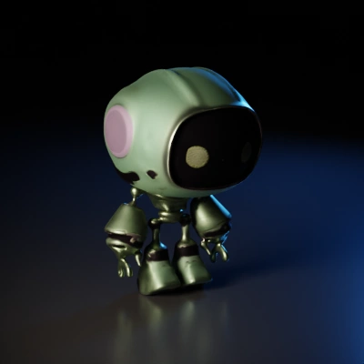 Stylized robot with a large head and round limbs.