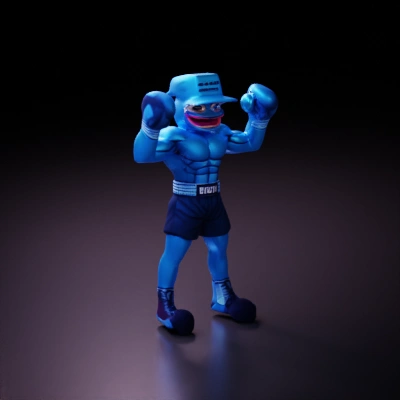 Muscled cartoon boxer frog character, wearing gloves and hat.