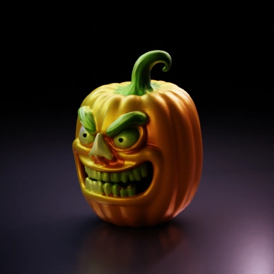 Grinning cartoonish pumpkin with menacing facial expression.