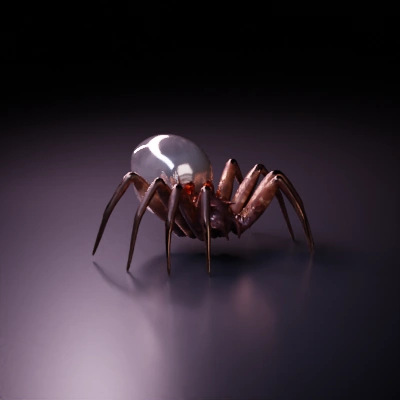 Spider-like creature, mechanical legs, glowing red eyes.