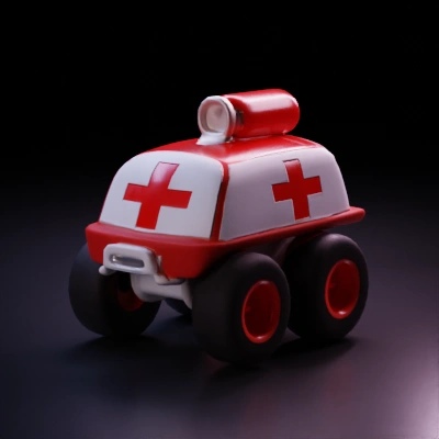 Medical-themed cartoon vehicle with large wheels.