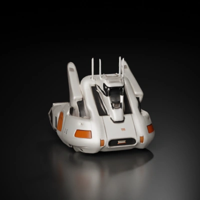 Futuristic combat vehicle, turreted weapon system, utility compartments.