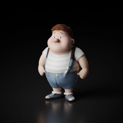 Chubby cartoon boy with suspenders.