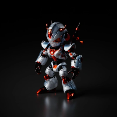 Battle-ready robot with glowing eyes, medieval-inspired armor.