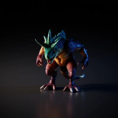 Reptilian humanoid monster with horns, muscular body, and tail.
