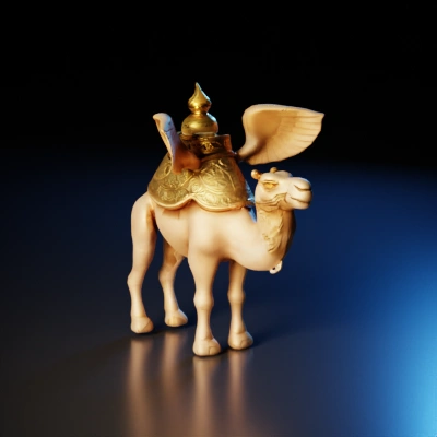 Winged camel with ornate saddle.